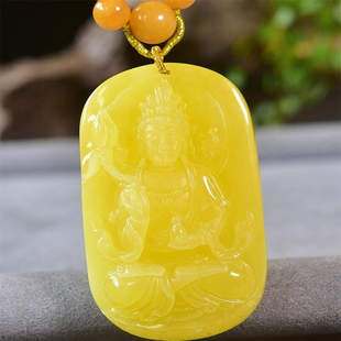 天然俄料原矿满蜜鸡油黄蜜蜡观音牌女款 项链吊坠26g无烤色琥珀凯