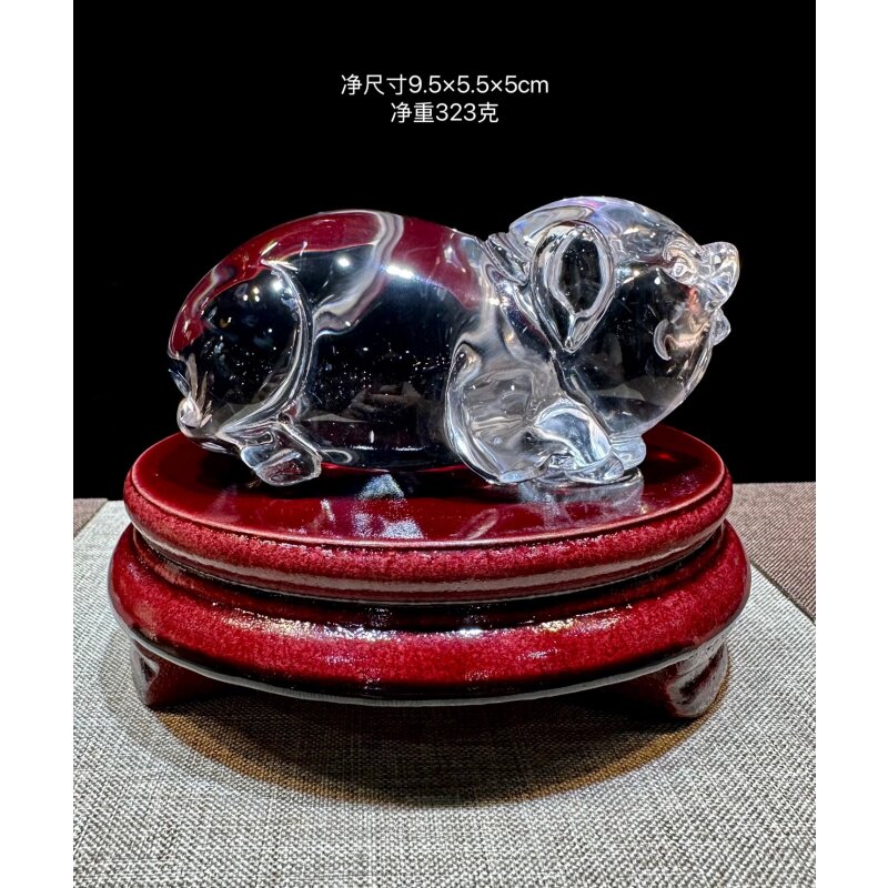 天然巴西原矿白水晶手工雕刻生肖猪精致摆件摆饰家居办公323克凯