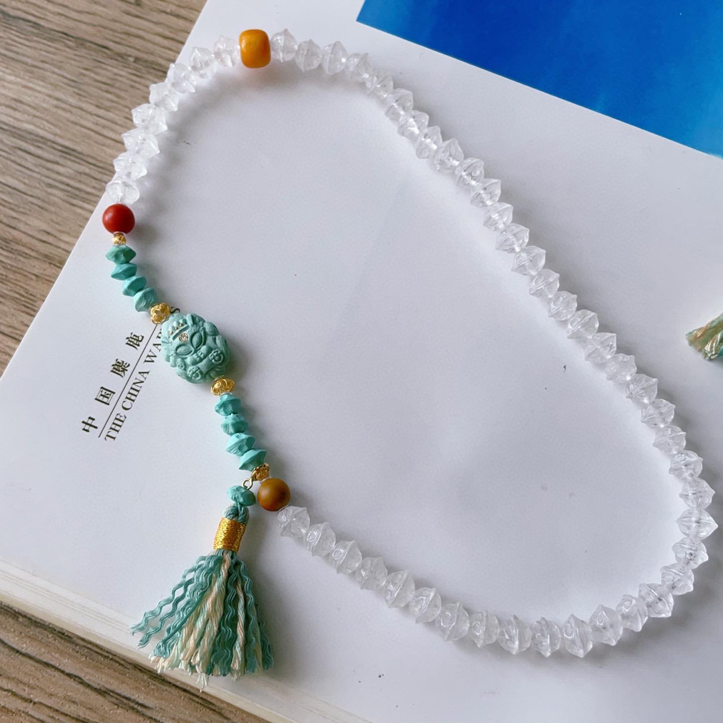 天然湖北原矿绿松石百香籽凤九搭白水晶百香籽双圈手链 18k金 jd0