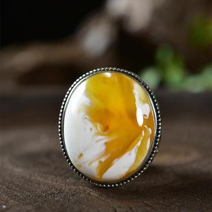 天然俄料原矿瓷白溶洞霸气款 22mm无优化无烤色琥珀凯 戒指925银26