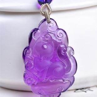 天然水晶巴西乌拉圭紫水晶萌九尾狐项链吊坠18.2克浓郁紫罗兰秀