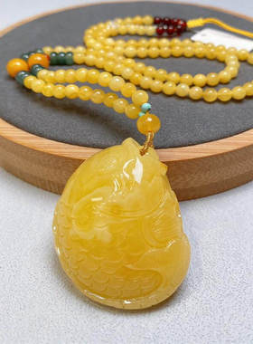 天然俄料原矿蜜蜡鱼女吊坠项链29.92克无优化无烤色琥珀金绞蜜颂