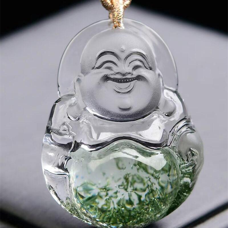 天然巴西原矿水晶绿幽灵翠绿俏色佛吊坠项链全净体手工雕工30g即