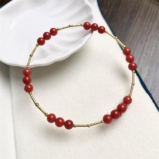 天然红珊瑚18k金手串手镯5mm原色有机宝石阿卡沙丁牛血红科西嘉速