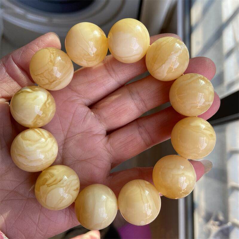 天然俄料原矿白花蜜蜡圆珠手链手串20mm虎皮纹无优化无烤色琥珀