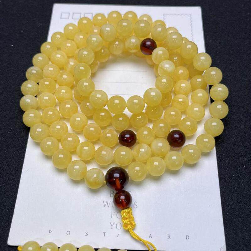 天然俄料原矿鸡油黄蜜蜡佛珠108项链手链手串9.2mm无优化无烤色