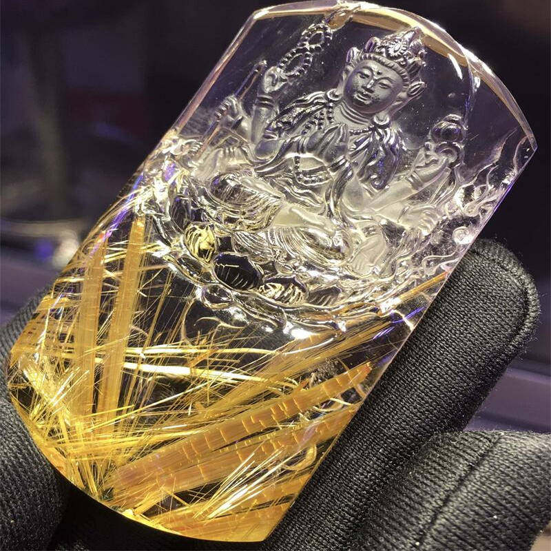 天然观音吊坠项链66.9克巴西金发晶钛晶板钛猫眼原矿顺发水晶邮