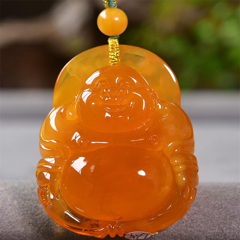 天然俄料原矿聚宝盆弥勒佛蜜蜡女款项链吊坠23.2克无优化无烤色