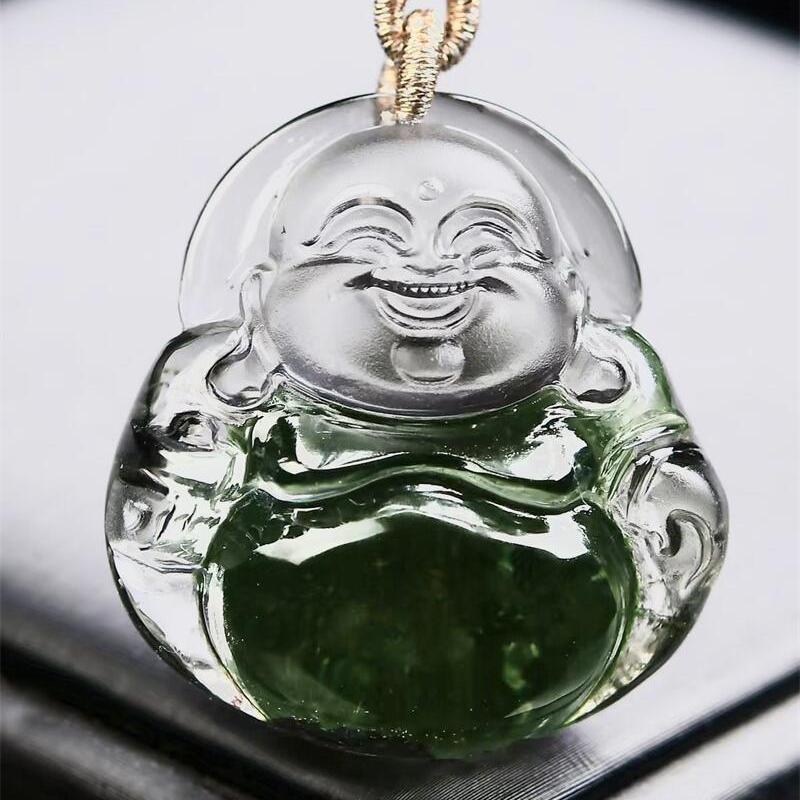 大号天然巴西绿幽灵金字塔俏色佛吊坠项链全净体手工雕工30g即
