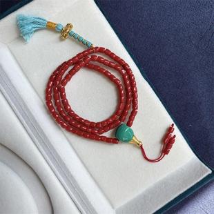 天然沙丁珊瑚三圈手链手串项链4.8mm原色宝石阿卡牛血红科西嘉速