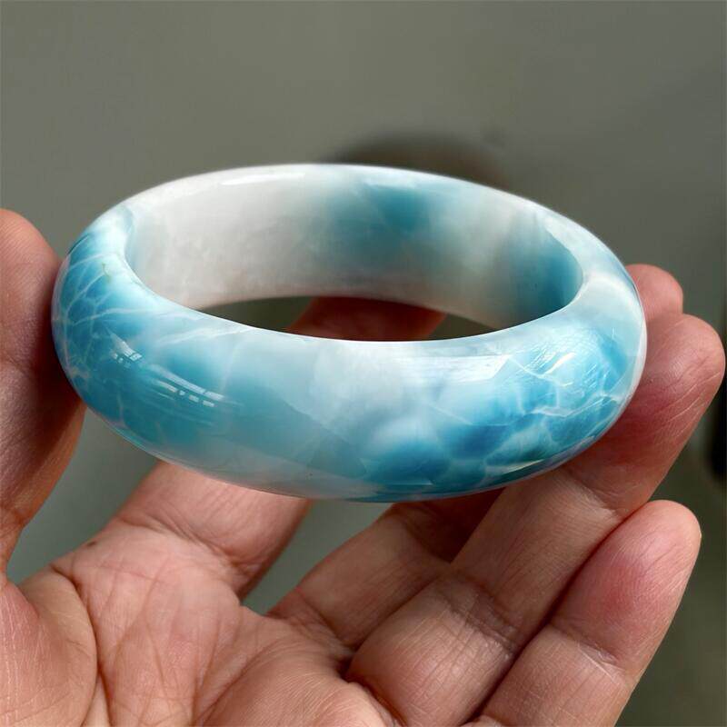 天然水晶海纹石拉利玛手镯57圈口海浪纹海蓝玉化多米尼无优化