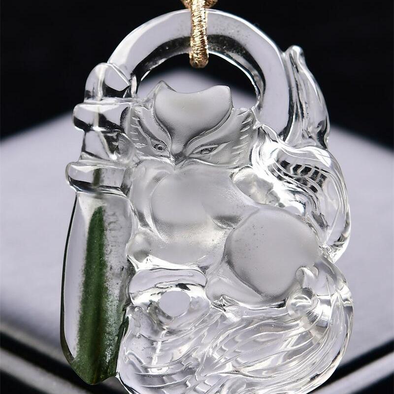加大号天然绿幽灵俏色九尾狐狸吊坠毛衣链两用款镂空雕刻39.5g即