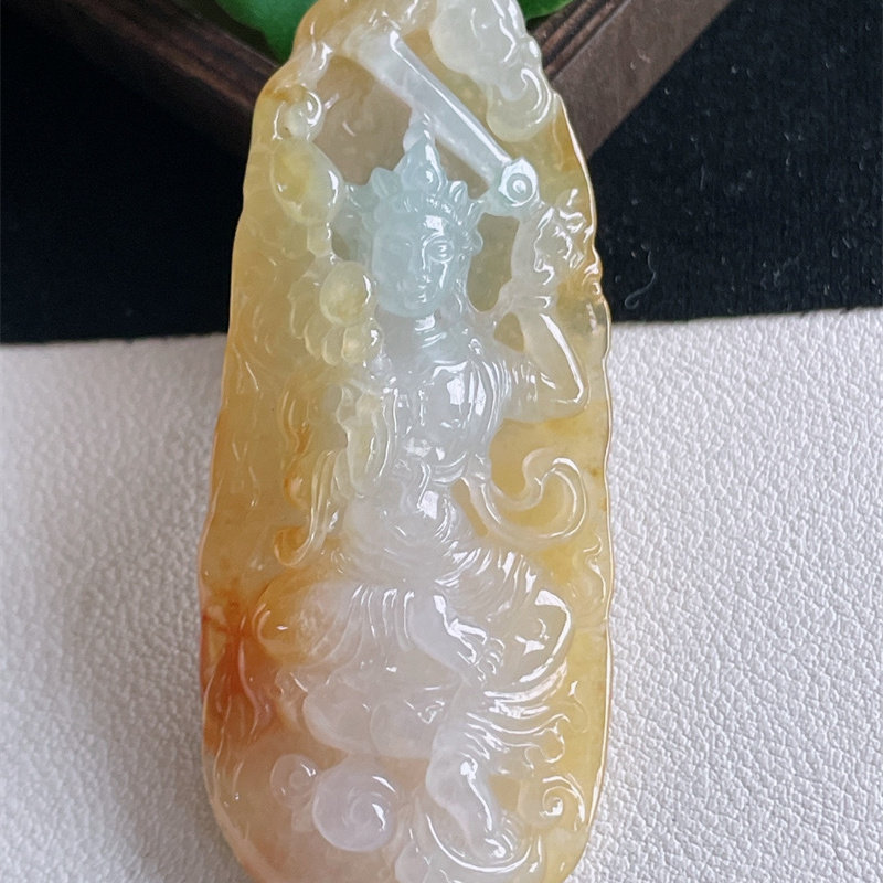 天然缅甸A货翡翠a货原矿正品冰糯种黄翡虚空藏菩萨吊坠项链