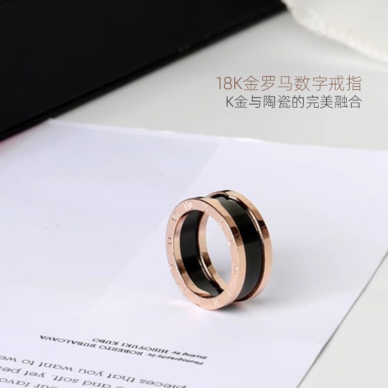 18K彩金玫瑰金黑白陶瓷宽窄版弹簧戒指男女情侣戒指对戒高端定制d