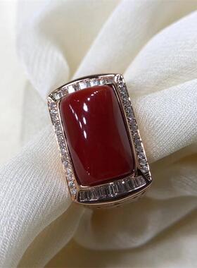 天然阿卡赤血色红珊瑚男士戒指戒圈口22号原色沙丁深海红科西嘉颂