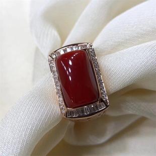 天然阿卡赤血色红珊瑚男士戒指戒圈口22号原色沙丁深海红科西嘉颂