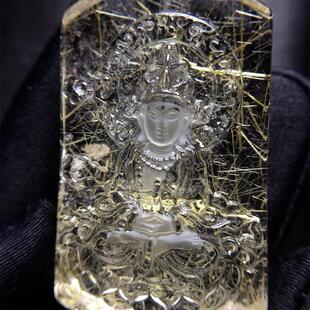 天然水晶金发晶巴西板钛晶猫眼观音无事牌吊坠项链34.9g原矿邮