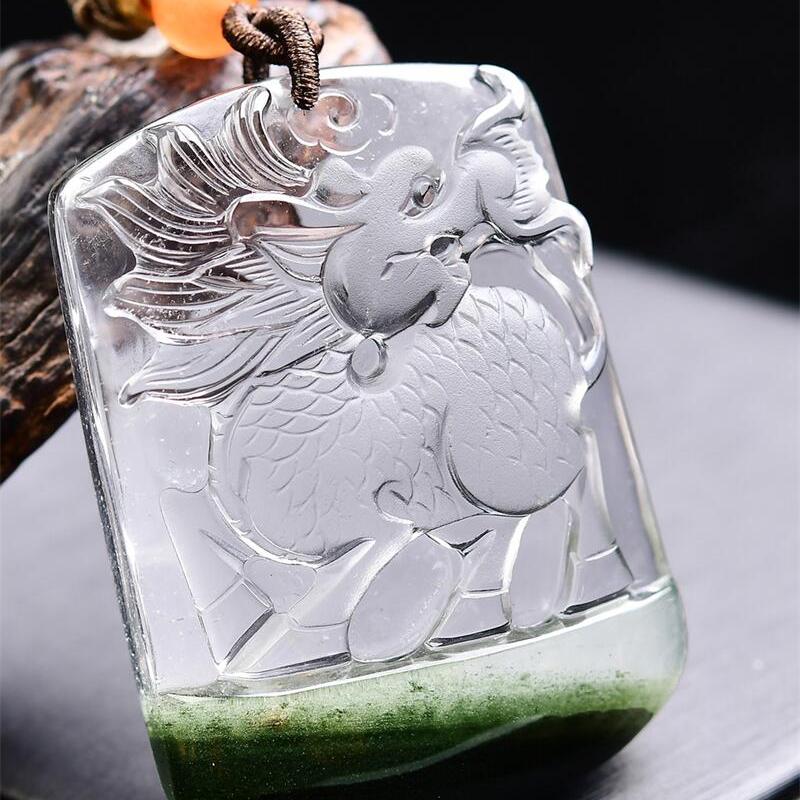 大号天然巴西水晶绿幽灵无事牌俏色麒麟吊坠项链手工雕刻52.8g即