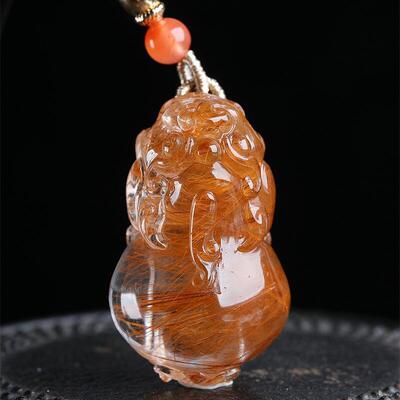 天然水晶巴西红兔毛红发晶貔貅招财兽项链吊坠36.2克发晶钢丝