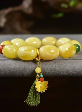 天然俄料鸡油黄白花虎皮纹15mm左右枣珠手链手串 重32.1克配证nn0