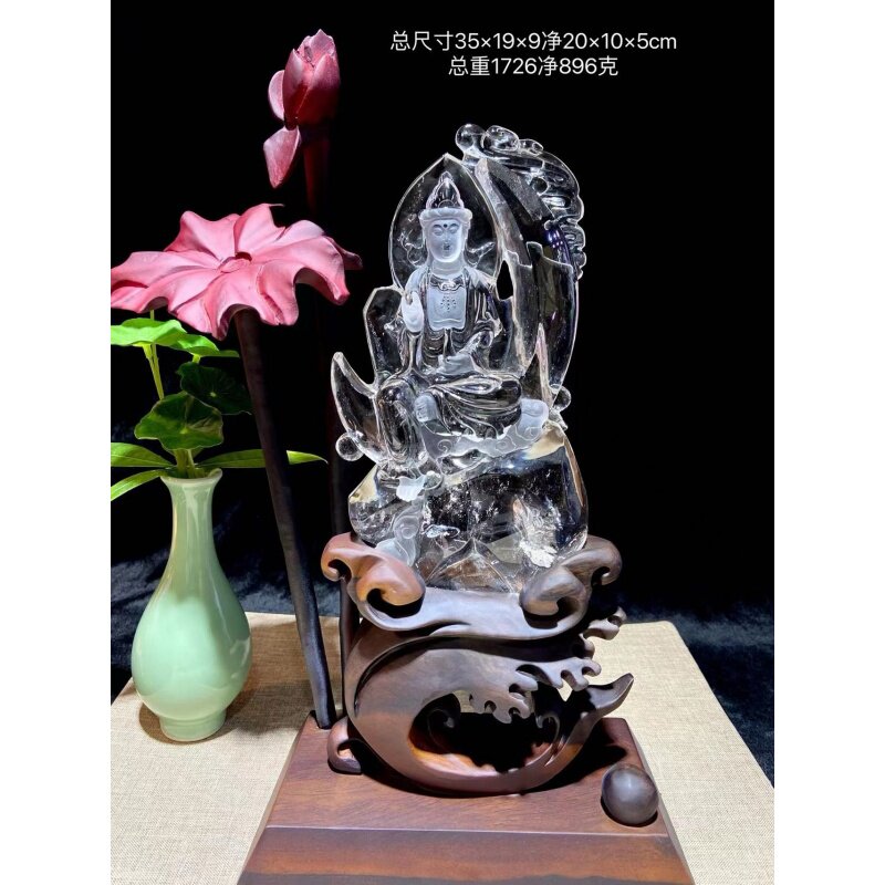 天然巴西原矿白水晶手工雕刻宝瓶柳枝观音摆件摆饰家居办公896g凯