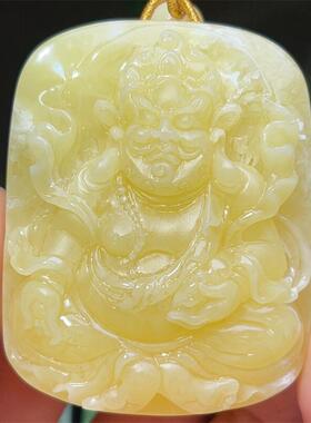天然原矿俄料蜜蜡雕刻财神吊坠女款项链59.4克无优化无烤色琥珀凯
