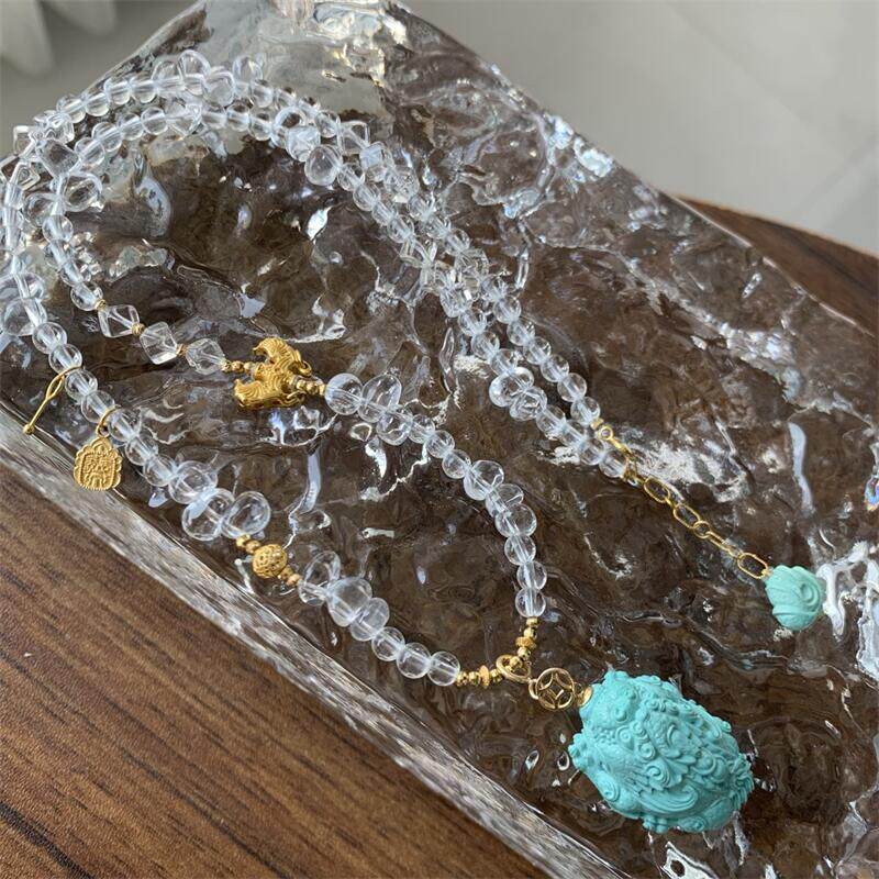 天然湖北高瓷原矿绿松石貔貅白水晶毛衣链吊坠项链18k金