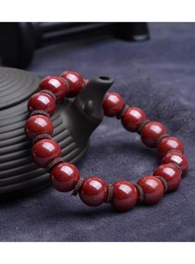 天然原矿红色朱砂单圈手链12.3MM大颗粒男女饰品圆润朱砂红色