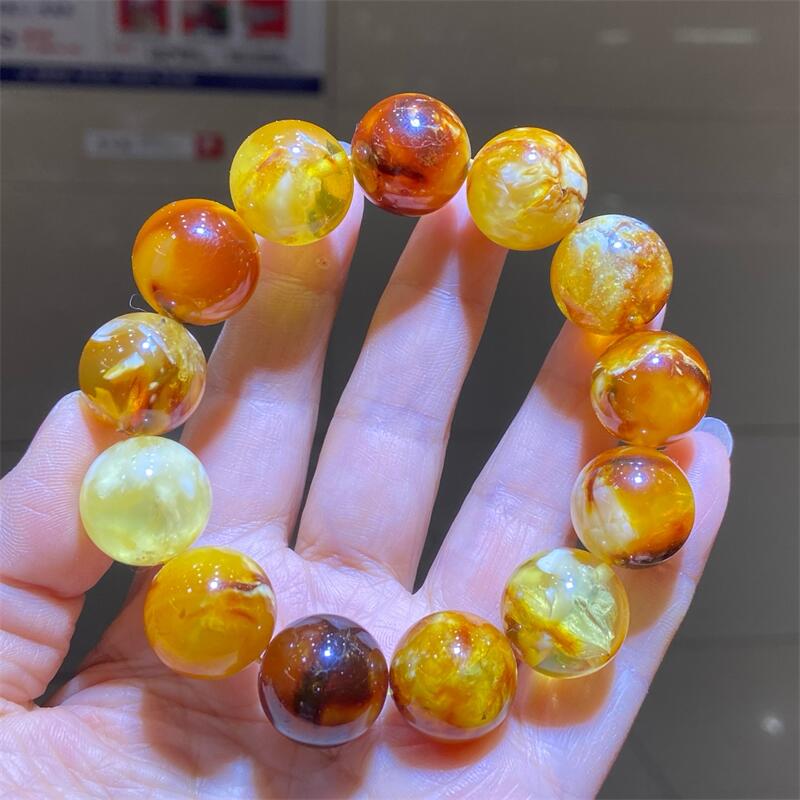 天然俄料原矿沁色蜜蜡手链手串17mm半蜜半珀无优化无烤色琥珀