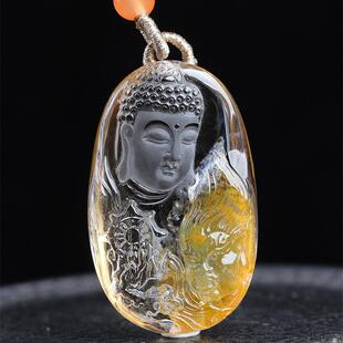 天然水晶黄胶花大日如来释迦摩尼佛祖项链吊坠19.6火彩凤凰焦花秀