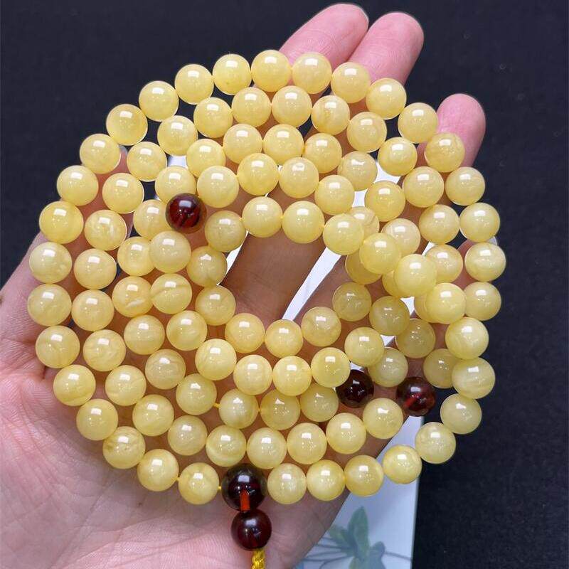天然俄料原矿鸡油黄蜜蜡佛珠108项链手链手串8.6mm无优化无烤色