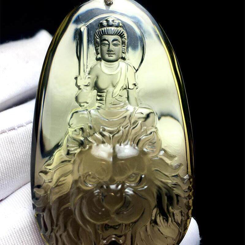 天然水晶黄水晶茶水晶双色文殊菩萨项链吊坠52.2克茶黄晶烟晶