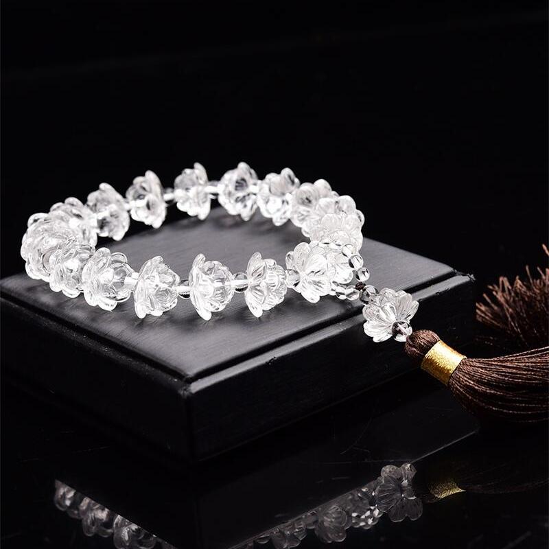 收藏品天然巴西原矿透明白水晶手工十八子莲花手持手链手串62g即