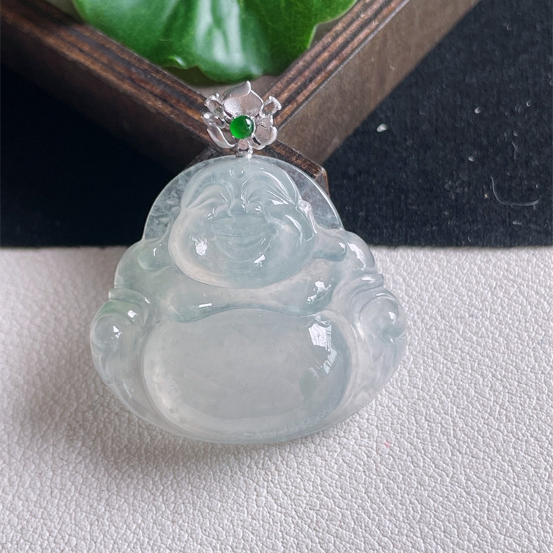 天然缅甸A货翡翠a货18K金冰糯种原矿正品飘花佛公吊坠项链9.85g即