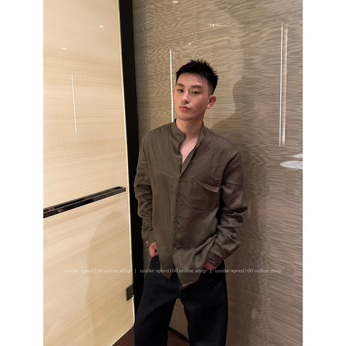 檀木棕立领亚麻宽松衬衫