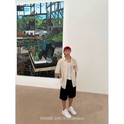 uniike油腻客【纽约MoMA】美式条纹刺绣衬衫夏季学院洋基队男上衣