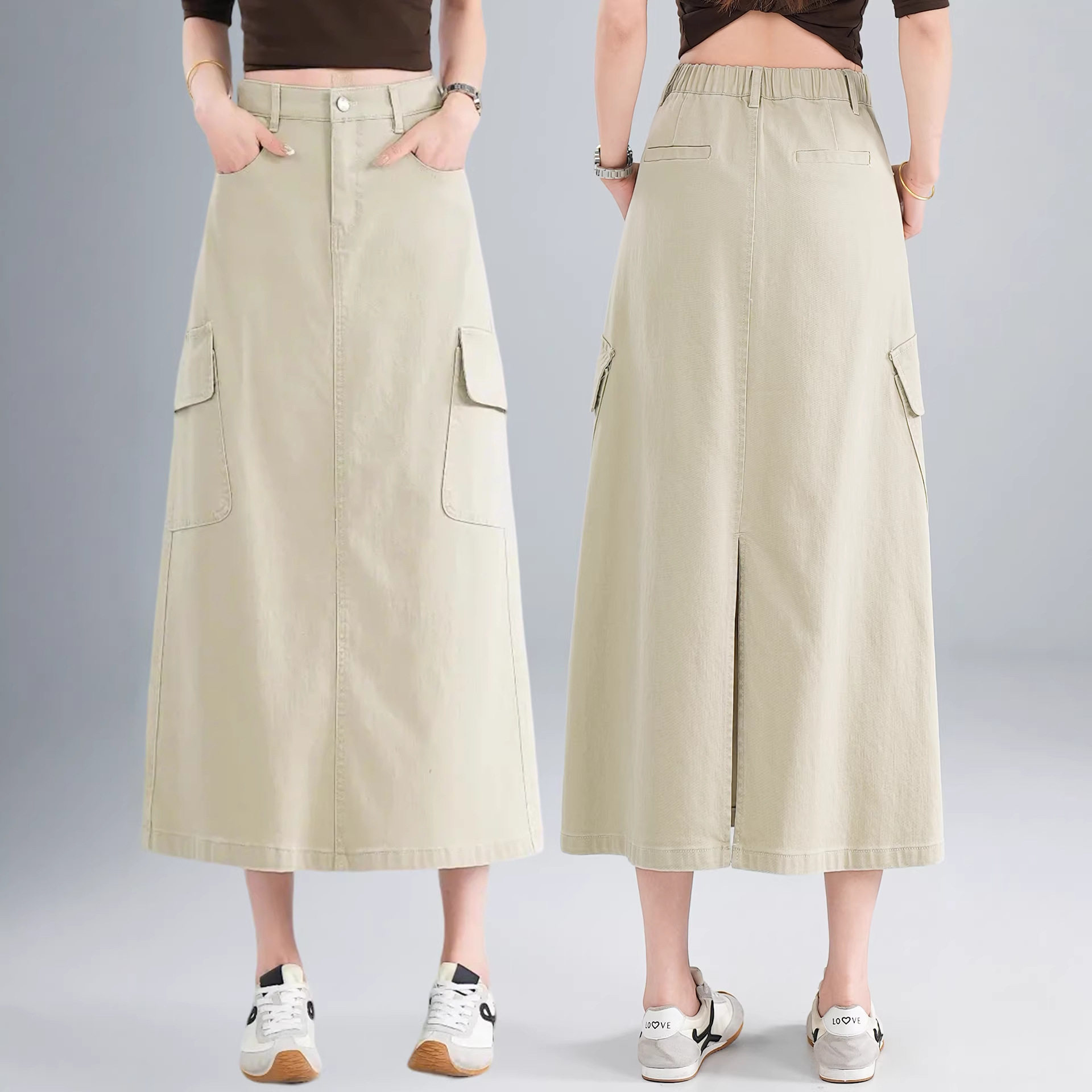 新款 多口袋工装半身裙女春秋2026高腰宽松中长款休闲后开叉字裙