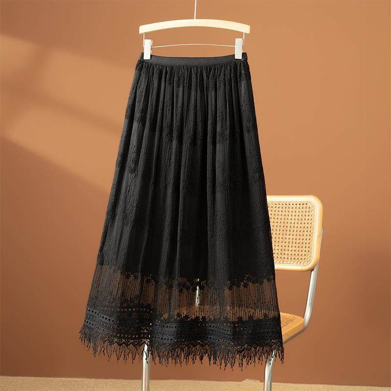松紧腰刺绣蕾丝边绣花加长半身裙女夏拼接高腰气质纯色真丝桑蚕丝