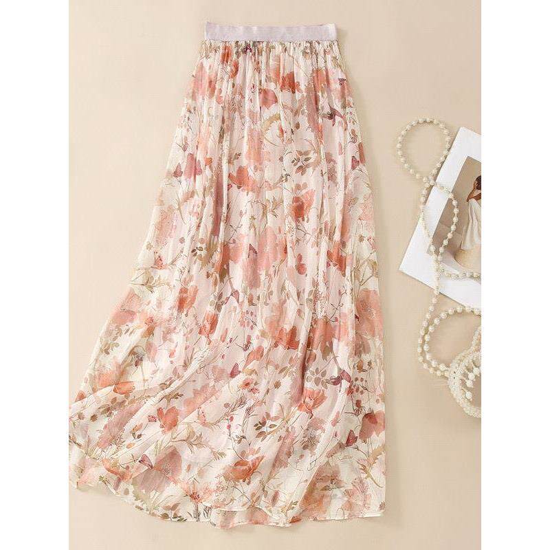 粉色真丝半身裙绝美气质碎花半裙2026夏季桑蚕丝垂感a字半身长裙