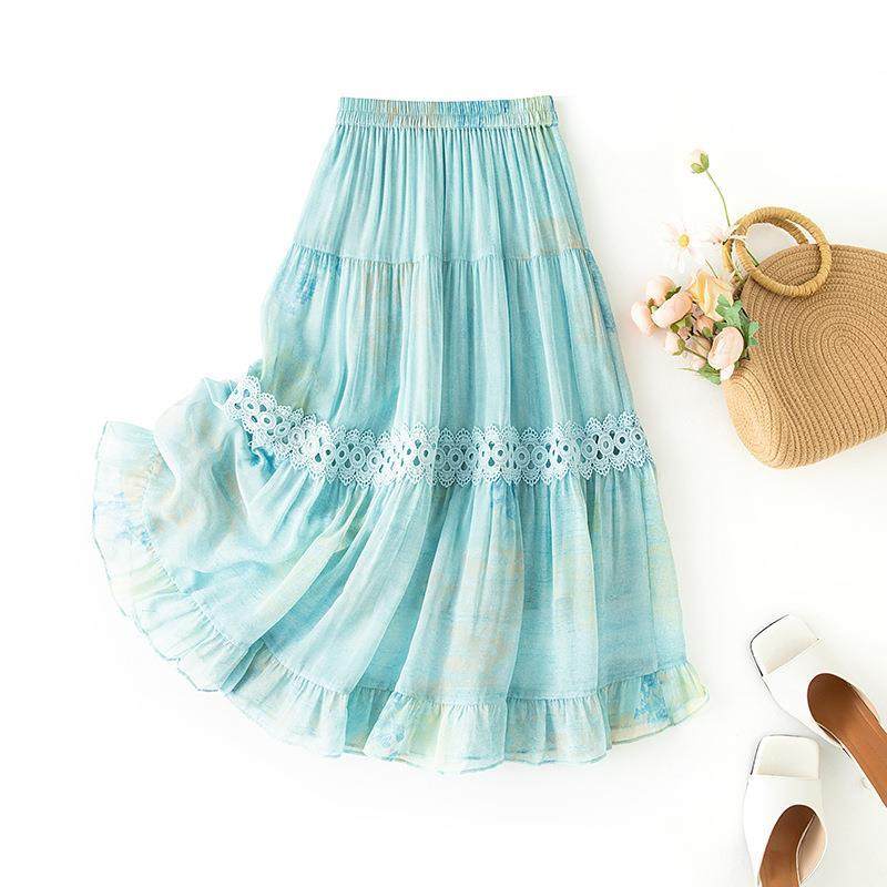 超仙气淡绿色桑蚕丝拼接蕾丝重工纯色松紧腰大摆半身裙85097