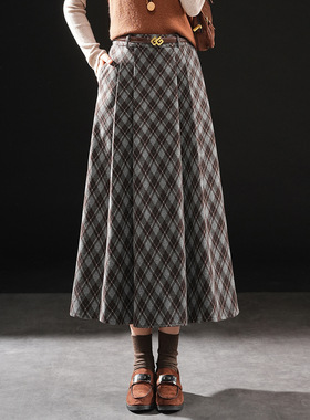气质格子毛呢百褶半身裙女秋冬高腰字裙韩版休闲中长裙YG-M308