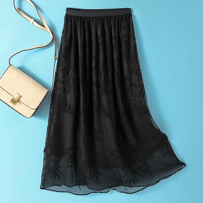 法式风重工刺绣超仙真丝半身裙松紧腰桑蚕丝气质优雅裙子28041