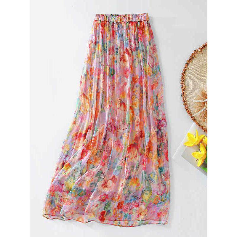 桑蚕丝真丝半身裙高端复古印花顺垂飘逸中长款夏季A字仙女裙 超仙