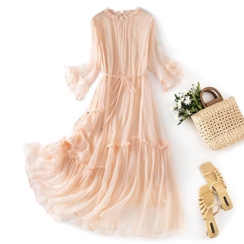 气质新款小清新甜美淑女修身长款沙滩裙荷叶领真丝连衣裙85057