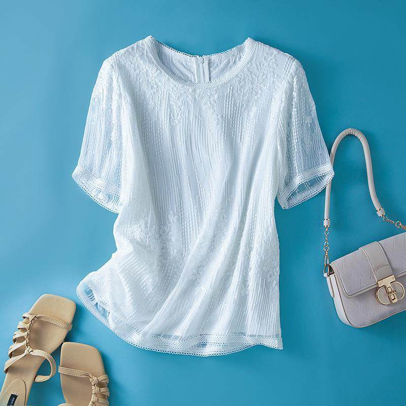 简约百搭真丝衫绣花套头衫白色短袖实用桑蚕丝套头衫81085