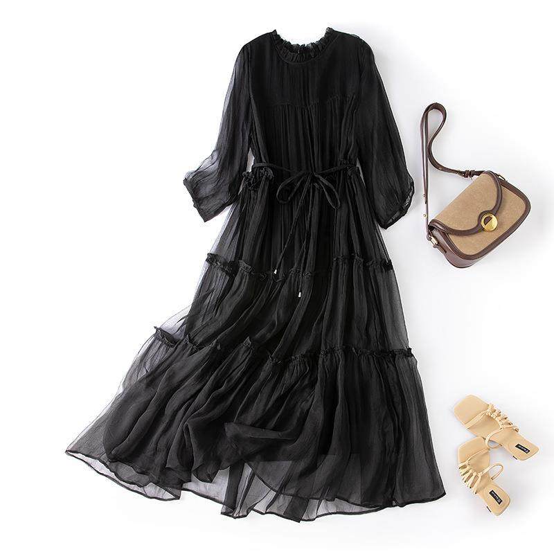 真丝连衣裙韩版优雅气质桑蚕丝中长款沙滩裙宽松版11036