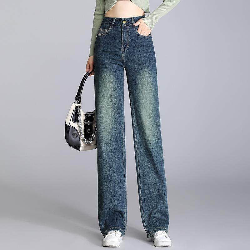 牛仔时尚复古蓝阔腿裤女2024秋季新款韩版高腰直筒垂感休闲长裤