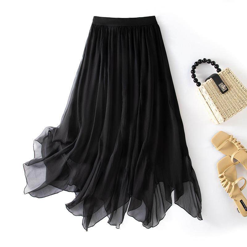 松紧腰真丝半身裙中长款气质不规则下摆纯色飘逸裙黑色白色85089