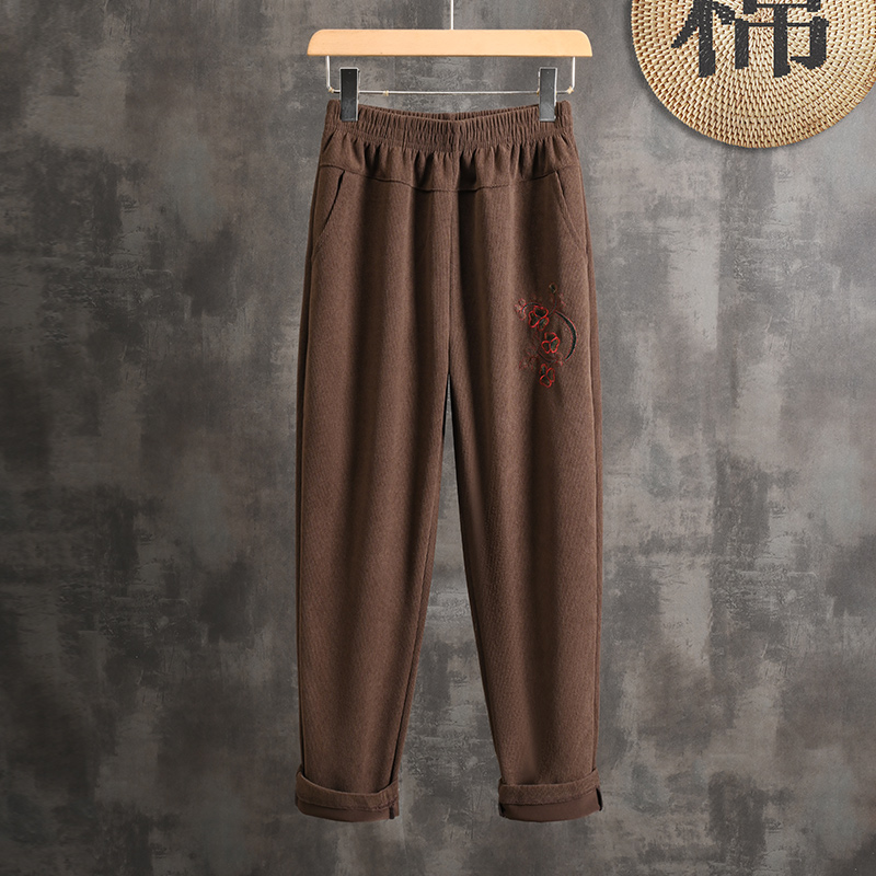 咖色刺梨灯芯绒哈伦裤长裤