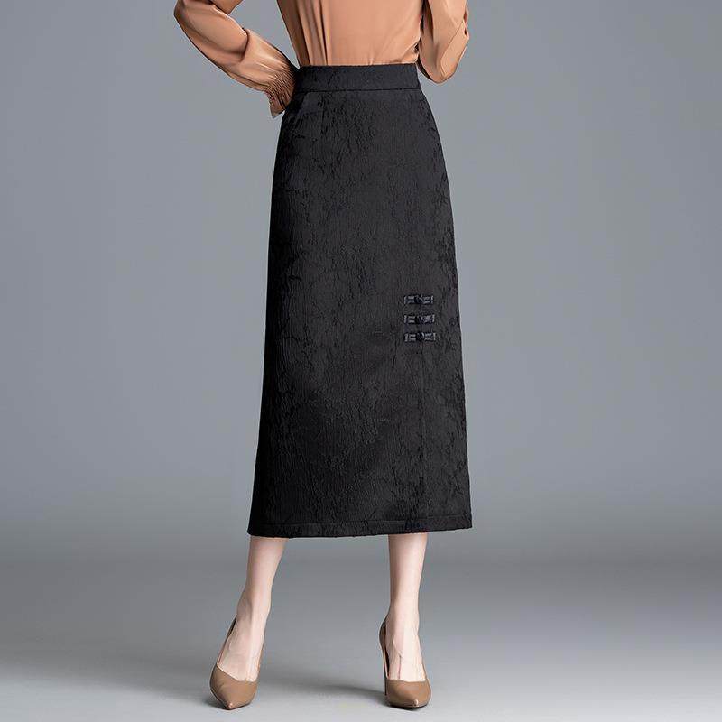 新中式提花开叉半身裙女春季新款2024高腰A字裙中长款包臀裙长裙